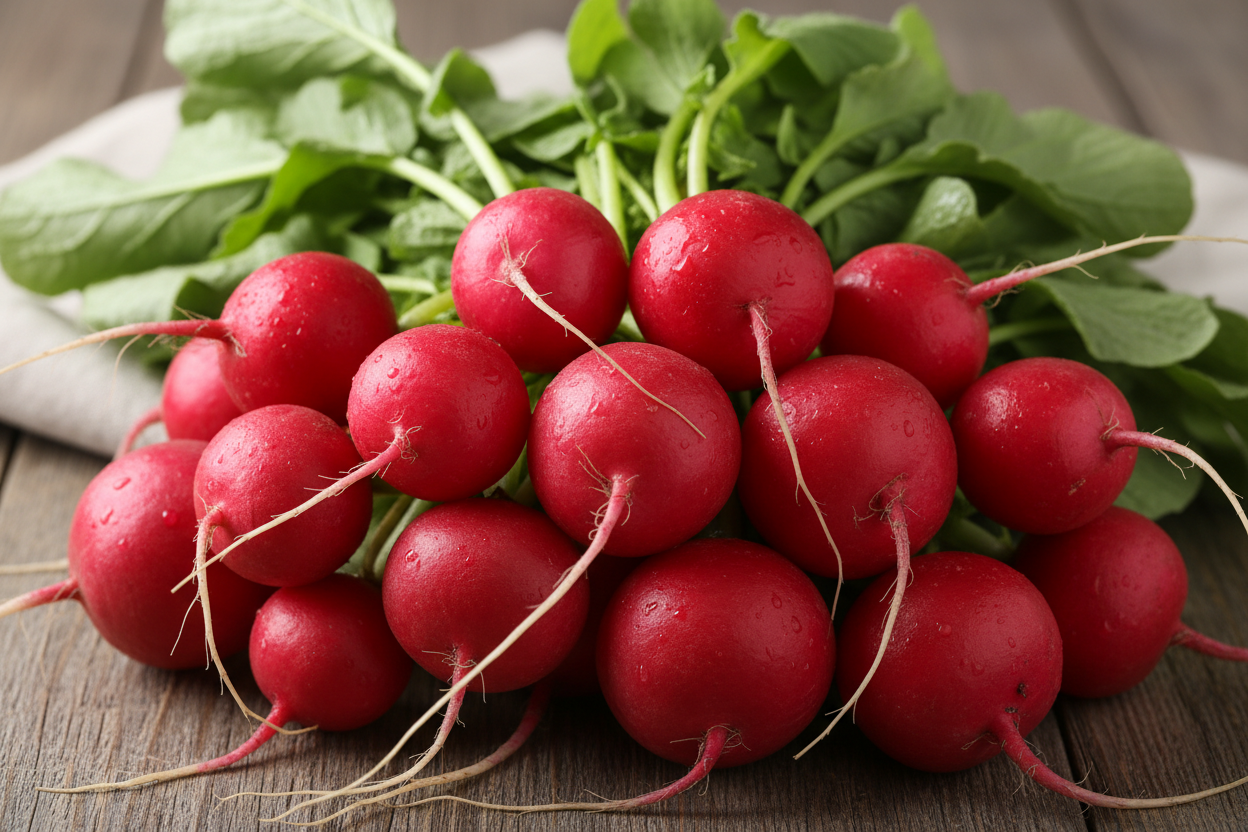 Radish seeds grown to radishes on a wooden table