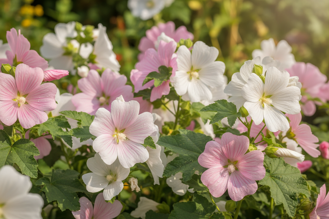 a image of a patch of pink and white lavaterra mix. Make it realistic as possible