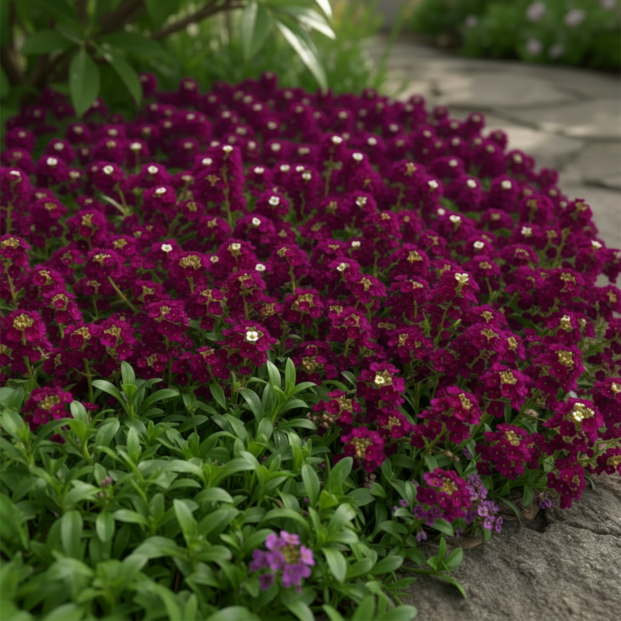 A dense patch of deep magenta-purple flowers with small white centers and green foliage, growing along a stone garden path.